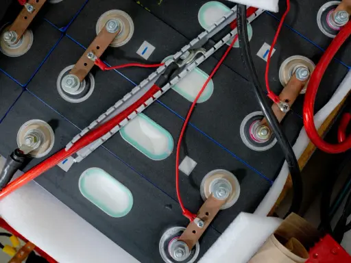 Zestaw ogniw tworzących baterię do samochodu elektrycznego, połączonych miedzianymi listwami i przewodami.