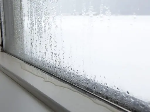 Kondensacja na oknie. Krople wody spływają po szybie, tworząc kałużę na parapecie. To zjawisko, kondensacja, pokazuje różnicę temperatur.