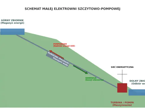 Schemat elektrowni szczytowo-pompowej: woda z górnego zbiornika (magazyn energii) płynie rurociągiem do turbiny/pompy, generując energię. Pompowanie nadmiaru energii OZE odbywa się w przeciwnym kierunku.