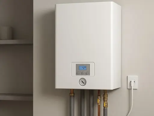 Nowoczesny piec elektryczny do domu 100m2, z cyfrowym wyświetlaczem i termometrem, podłączony do gniazdka.
