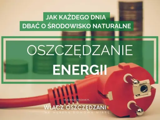 Wtyczka elektryczna i stosy monet symbolizują oszczędzanie energii. Tekst zachęca do codziennej troski o środowisko naturalne.