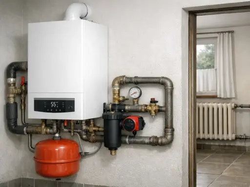 Nowoczesny kocioł gazowy do układu otwartego, z cyfrowym wyświetlaczem i widocznym manometrem, podłączony do instalacji grzewczej.