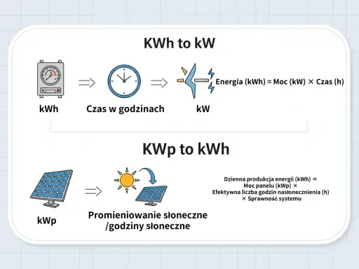 Schemat pokazuje, jak przeliczać jednostki energii: kWh na kW (Moc x Czas) i kWp na kWh (produkcja energii z paneli słonecznych).