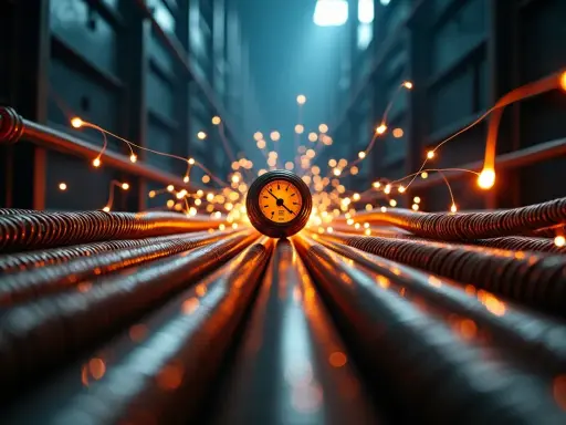 Oświetlony manometr pośród rur i iskier. To wizualizacja projektu OZE, gdzie energia jest na wyciągnięcie ręki.