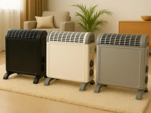 Trzy grzejniki elektryczne w kolorach czarnym, kremowym i szarym. Grzejnik v22 co to znaczy? To model, który zapewnia komfort cieplny.