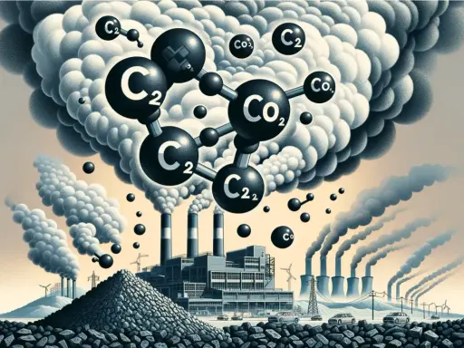 Molekuły CO2 unoszą się nad fabryką spalającą węgiel. Obraz ilustruje, ile CO2 powstaje z tony węgla.