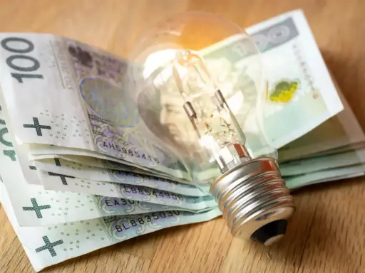 Żarówka na stosie banknotów 100 zł symbolizuje wysokie koszty energii i potrzebę dopłat do prądu.