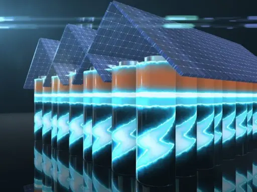 Rząd baterii z panelami słonecznymi na górze, symbolizujący żywotność magazynu energii. Błyskawice energii wewnątrz baterii.
