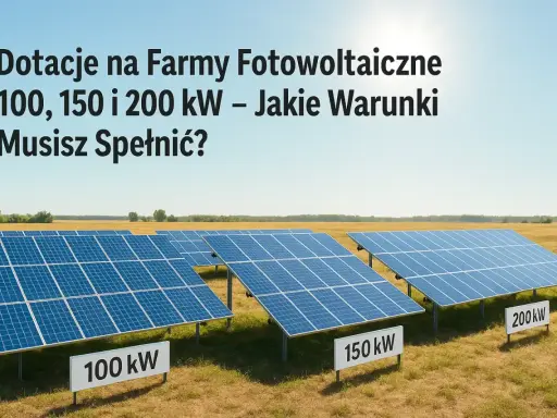 Panele fotowoltaiczne na polu, z tabliczkami 100 kW, 150 kW i 200 kW. Informacja o dofinansowaniu do farmy fotowoltaicznej.