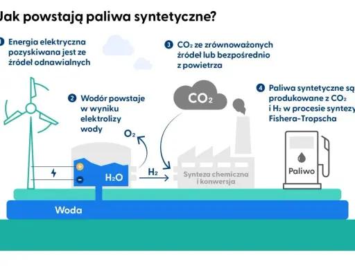 Schemat przedstawia produkcję paliw syntetycznych: energia z OZE, elektroliza wody, pozyskiwanie CO2 i synteza Fishera-Tropscha.