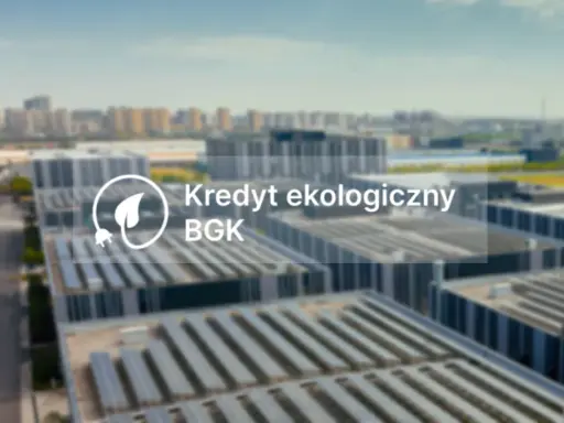 Nowoczesne budynki z panelami słonecznymi. Napis: Kredyt ekologiczny BGK.