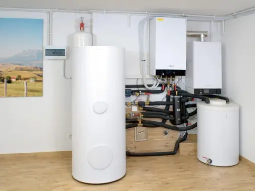 Nowoczesny piec gazowy dwufunkcyjny i zasobnik wody. Instalacja grzewcza z widocznym czujnikiem ciśnienia.
