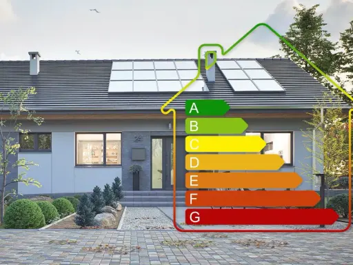 Nowoczesny dom z panelami słonecznymi i etykietą energetyczną. Określa zapotrzebowanie energetyczne domu od A (najlepsze) do G (najgorsze).