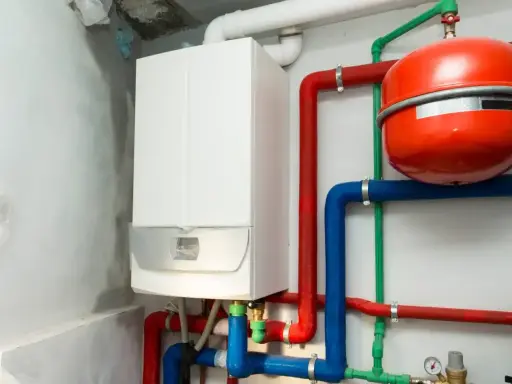 Nowoczesny podłączenie pieca gazowego kondensacyjnego z czerwonym i niebieskim osprzętem, widoczny czerwony zbiornik przeponowy.
