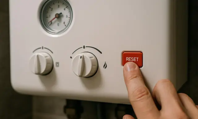 Palec naciska czerwony przycisk RESET na piecu gazowym. Dowiedz się, jak zresetować piec gazowy, gdy wystąpi problem.