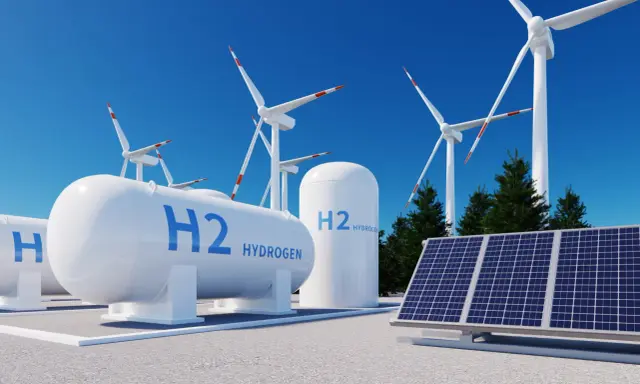 Zbiorniki H2 Hydrogen, panele słoneczne i wiatraki symbolizują przyszłość czystej energii, gdzie energia wodoru odgrywa kluczową rolę.