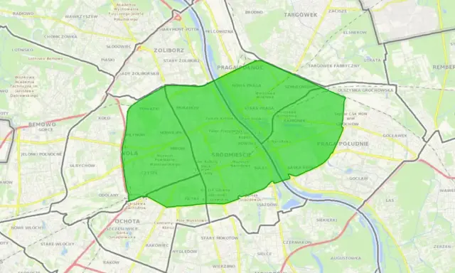 Mapa Warszawy z zaznaczonym obszarem, gdzie obowiązuje zakaz wjazdu diesli.