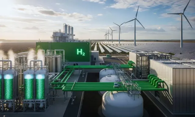 Nowoczesna instalacja produkująca zielony wodór. W tle panele słoneczne i wiatraki.