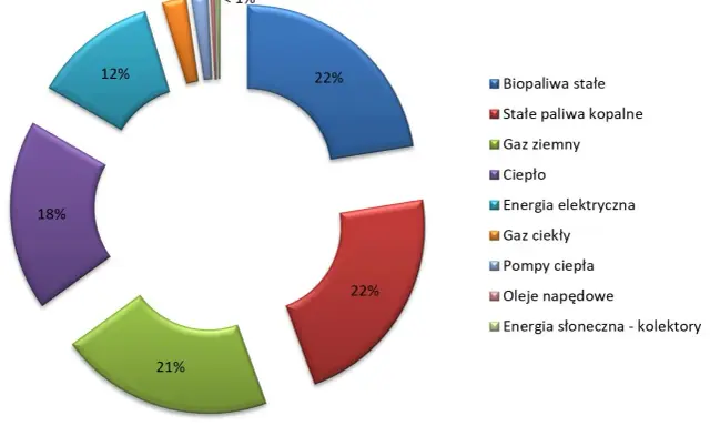 Wykres kołowy pokazuje strukturę zużycia energii w Polsce: 22% gaz ziemny, 22% stałe paliwa kopalne, 21% ciepło, 18% energia elektryczna, 12% biopaliwa stałe, a pozostałe źródła poniżej 2%.
