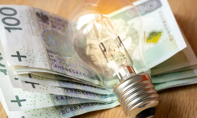 Żarówka leżąca na stosie polskich banknotów 100 zł.