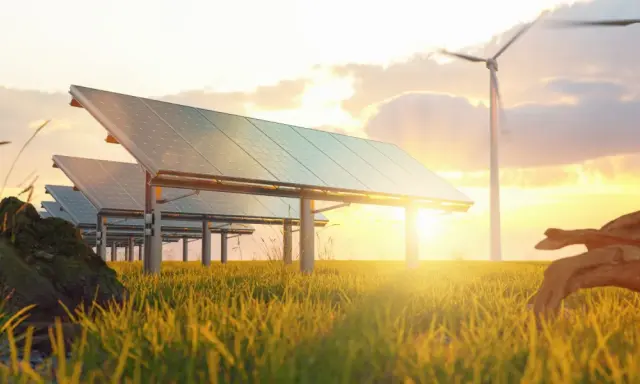 Panele słoneczne i wiatraki na tle zachodzącego słońca. W trawie leży kawałek drewna. To przyszłość energetyki, gdzie cable pooling zapewnia zrównoważony rozwój.