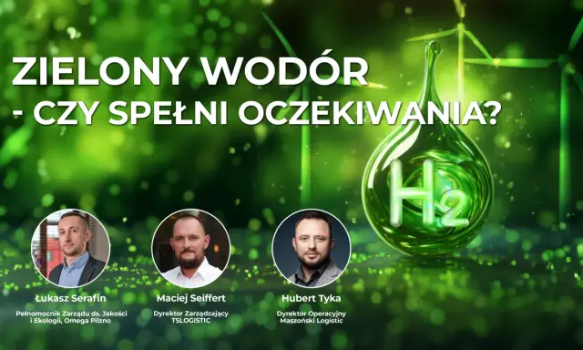 Zielony wodór: czy spełni oczekiwania? Grafika z kroplą H2, wiatrakami i sylwetkami ekspertów.