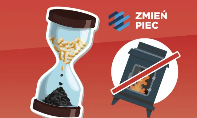 Klepsydra z monetami i węglem symbolizuje czas na wymianę pieca. Ustawa smogowa wzywa do działania.