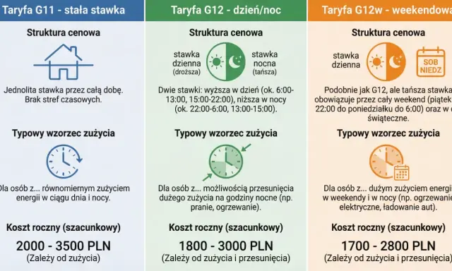Porównanie taryf energii: G11 (stała), G12 (dzień/noc), G12w (weekendowa). Broker energetyczny pomaga wybrać najlepszą opcję.