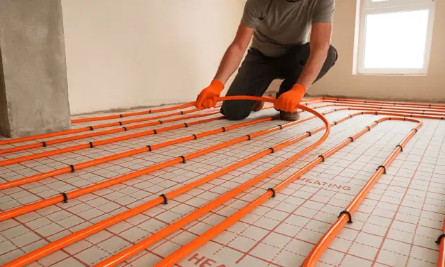Instalator w pomarańczowych rękawicach układa pomarańczowe rury ogrzewania podłogowego.