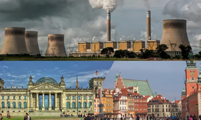 Miks energetyczny Niemiec: chłodnie kominowe elektrowni i budynek Reichstagu w Berlinie.