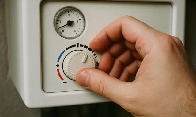 Dłoń reguluje pokrętłem termostat, by obniżyć za wysoka temperaturę na piecu gazowym.