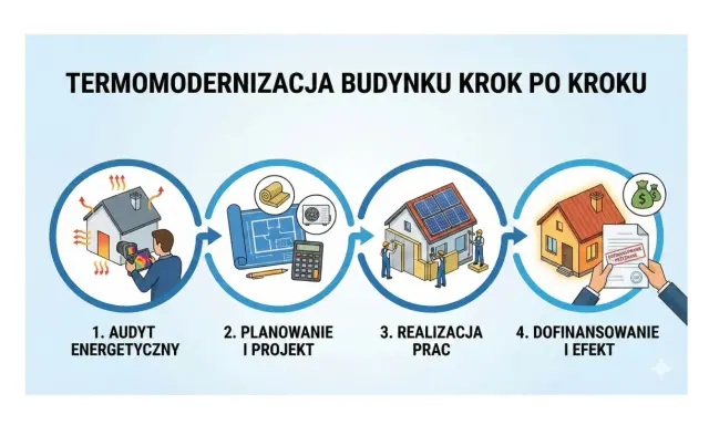 Termomodernizacja budynku krok po kroku: audyt, projekt, realizacja i dofinansowanie. Zobacz, jak uzyskać wsparcie finansowe na ocieplenie domu.
