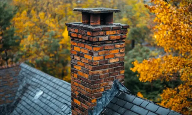 Jesienny komin z cegły na dachu, idealny do wymiany pieca w pomorskim domu.