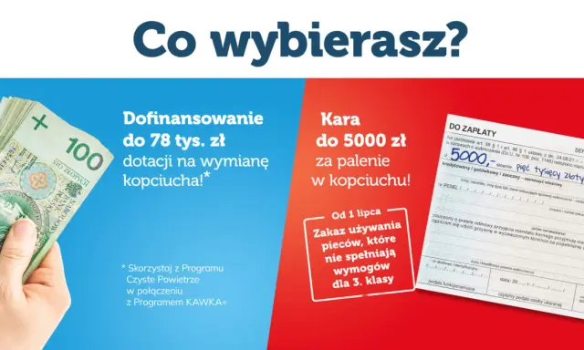 Dofinansowanie do 78 tys. zł na wymianę kopciucha lub kara 5000 zł za palenie w kopciuchu. Wybierz mądrze!