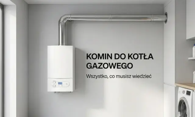 Nowoczesny piec gazowy z metalowym kominem, zamontowany na ścianie. Obok pralka i półka z detergentami.