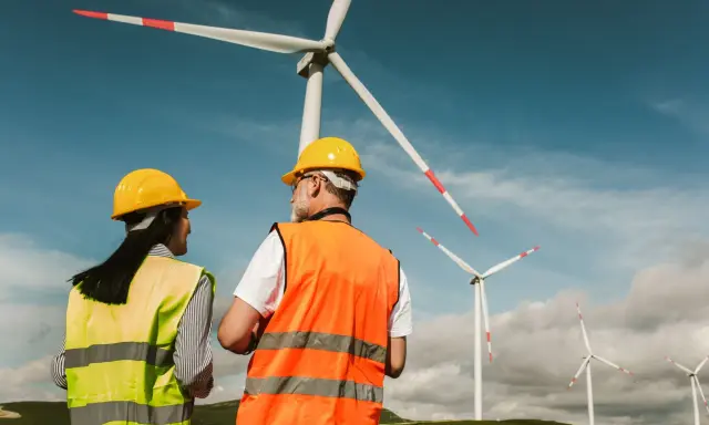 Dwóch pracowników, technik OZE, w kaskach i kamizelkach odblaskowych, obserwuje farmę wiatrową.