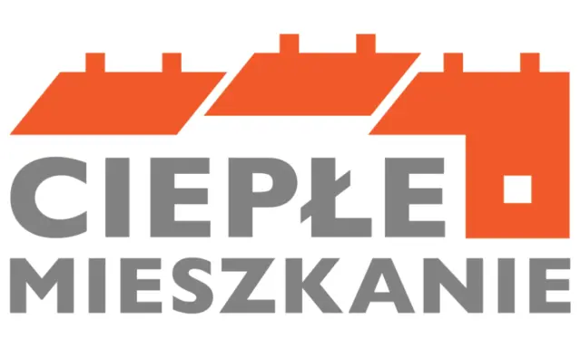 Logo programu "Ciepłe Mieszkanie" z pomarańczowymi dachami i szarym napisem.