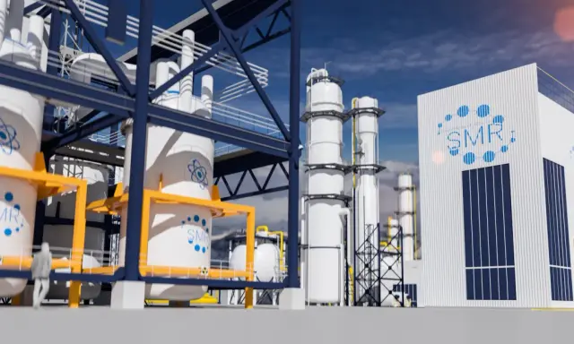 Nowoczesna elektrownia SMR w Polsce. Widok na reaktory i budynek z logo atomu.