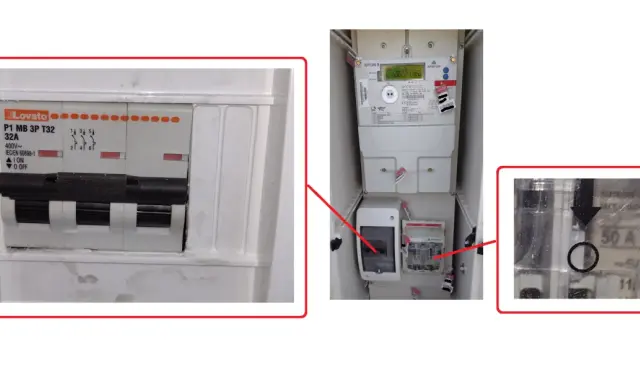 Zabezpieczenie przedlicznikowe to wyłącznik nadprądowy Lovato 32A oraz licznik energii elektrycznej. Widoczny jest też bezpiecznik 50A.