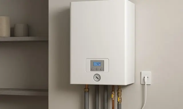 Nowoczesny piec elektryczny do ogrzewania domu, podłączony do gniazdka. Na wyświetlaczu 42 stopnie.