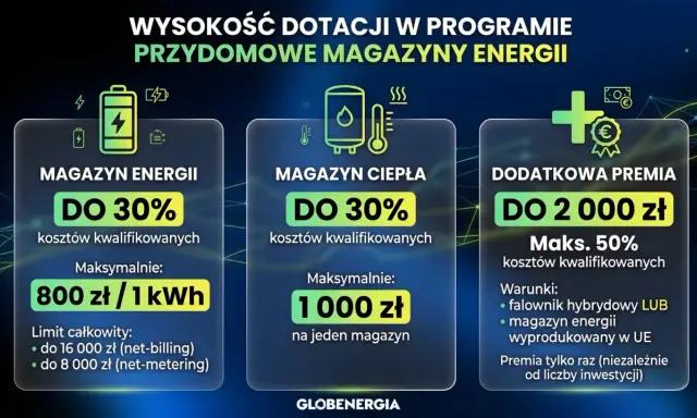 Dofinansowanie do fotowoltaiki: magazyn energii do 30% kosztów, magazyn ciepła do 30%, dodatkowa premia do 2000 zł.