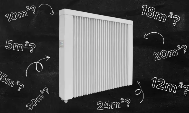 Jaki grzejnik do pokoju 18m²? Biały grzejnik elektryczny otoczony pytaniami o powierzchnię pomieszczeń: 5m², 10m², 12m², 15m², 18m², 20m², 24m², 30m².