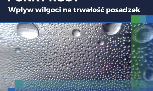 Krople wody na powierzchni, ilustrujące zjawisko punktu rosy i wpływ wilgoci na trwałość posadzek.