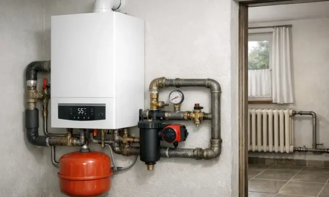Nowoczesny kocioł gazowy do układu otwartego, z cyfrowym wyświetlaczem i widocznym manometrem, podłączony do instalacji grzewczej.