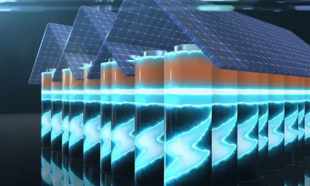Rząd baterii z panelami słonecznymi na górze, symbolizujący żywotność magazynu energii. Błyskawice energii wewnątrz baterii.