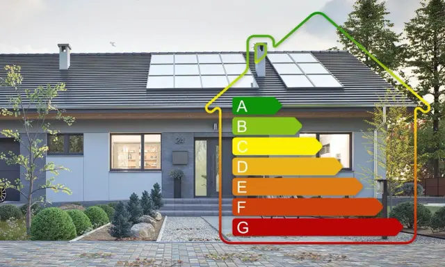 Nowoczesny dom z panelami słonecznymi i etykietą energetyczną. Określa zapotrzebowanie energetyczne domu od A (najlepsze) do G (najgorsze).