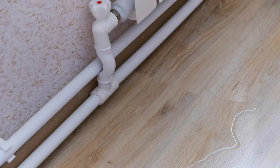Białe rury do grzejników prowadzą do zaworu. Na drewnianej podłodze widać kałużę wody, co może sugerować problem z instalacją.