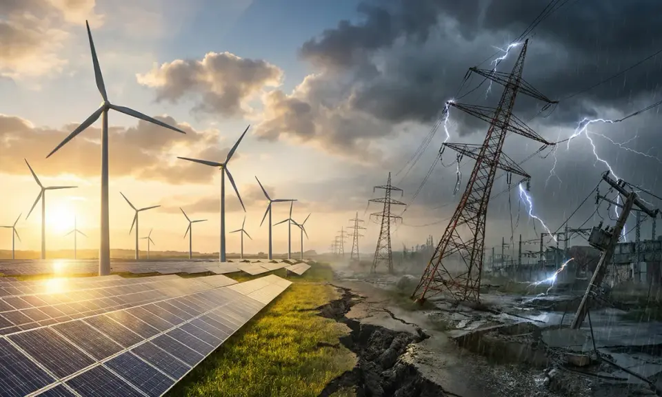 Kontrastowa wizja energetyki w Niemczech: słoneczne farmy i wiatraki po lewej, zniszczone linie energetyczne i burza po prawej.