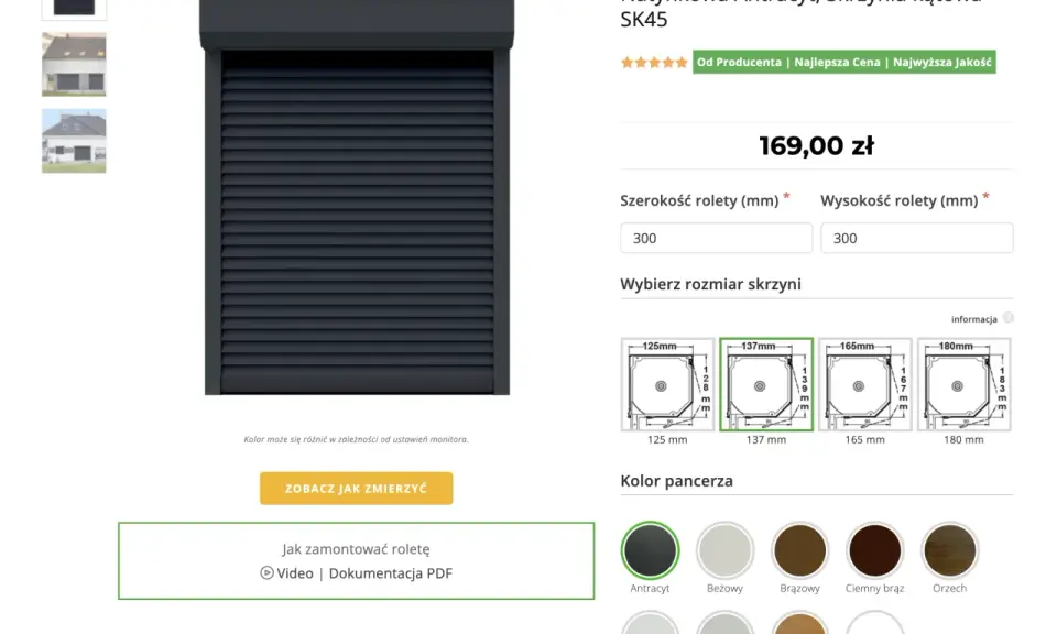 Budowa rolety zewnętrznej elektrycznej w kolorze antracytowym. Wybierz wymiary i kolor pancerza. Instrukcja montażu dostępna wideo i PDF.