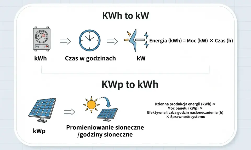 Schemat pokazuje, jak przeliczać jednostki energii: kWh na kW (Moc x Czas) i kWp na kWh (produkcja energii z paneli słonecznych).
